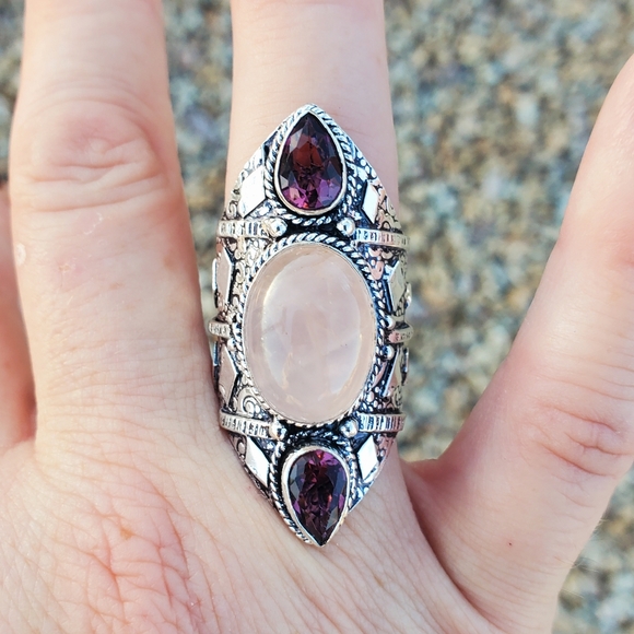 New Rose Quartz and Amethyst 925 Silver Statement Ring. - Picture 3 of 16